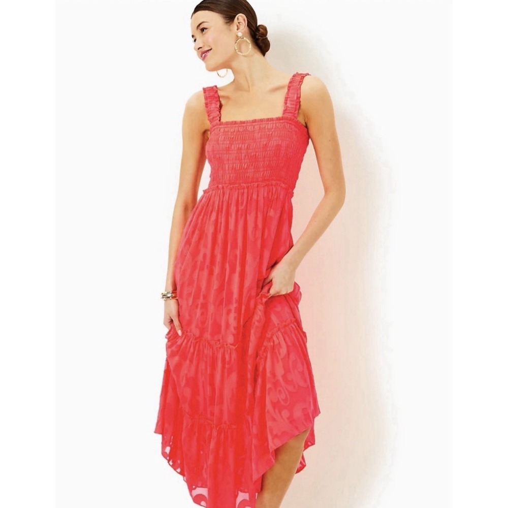 Lilly Pulitzer Hadley Coral Strapless Tiered Maxi Dress in Minzer Red Medium M